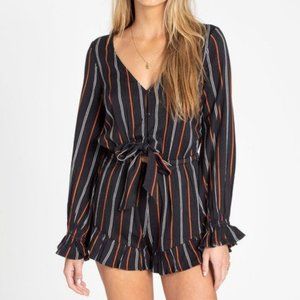 BILLABONG Play All Day black cotton blend striped ruffled cut out beachy romper
